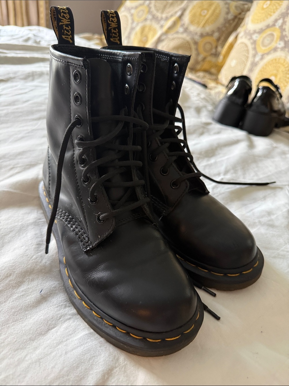 Dr. Martens Black Lace-Up Leather Combat Boots with Yellow Stitching